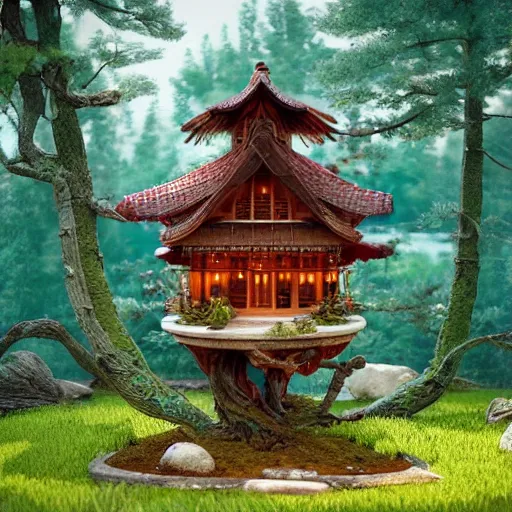 Prompt: stunningly beautiful sculpture of heavenly bonsai house made of marble and intricate wood carving by ellen jewett, deep colour, fireflies everywhere, octane render 4 k
