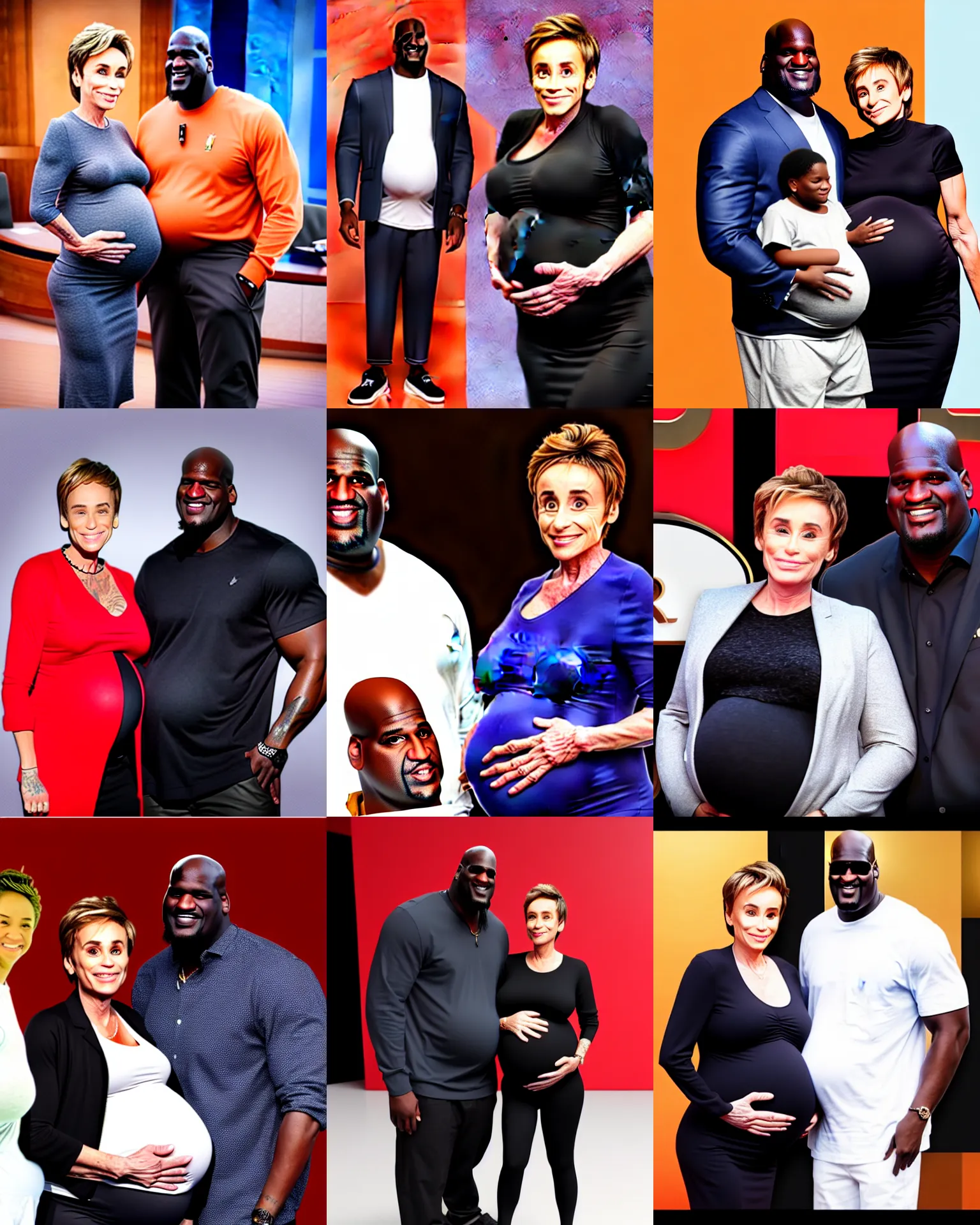 Prompt: shaquille o'neil pregnant, shaquille o'neil holding his pregnant stomach, judge judy standing next to him, octane render