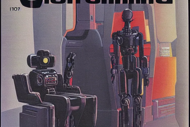 Prompt: 1979 OMNI Magazine Cover depicting a creepy imposing Robot standing in a throne room. Cyberpunk Akira style by Vincent Di Fate