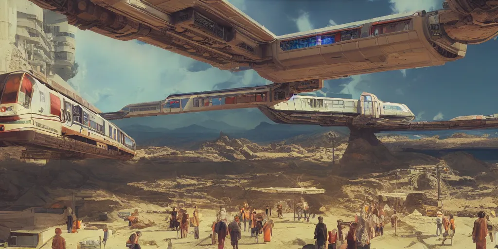 Prompt: concept art monorail shonan in martian landscape, brutalism, colorful, syd mead, norman rockwell, 4 k resolution, octane render, intricate, ultra detailed, full shot, volumetric lighting, cinematic lighting + masterpiece,