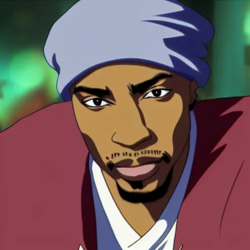 Image similar to Tupac Shakur, screenshot from a 2012s anime