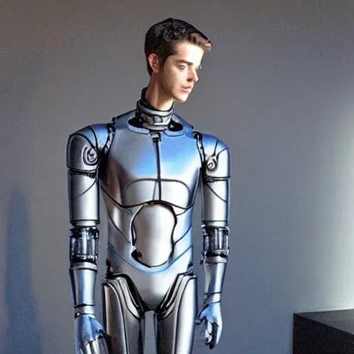 Image similar to “a realistic detailed photo of a guy who is an attractive humanoid who is half robot and half humanoid, who is a male android, actor Grant Gustin, shiny skin, posing like a statue, blank stare, at the museum, on display”