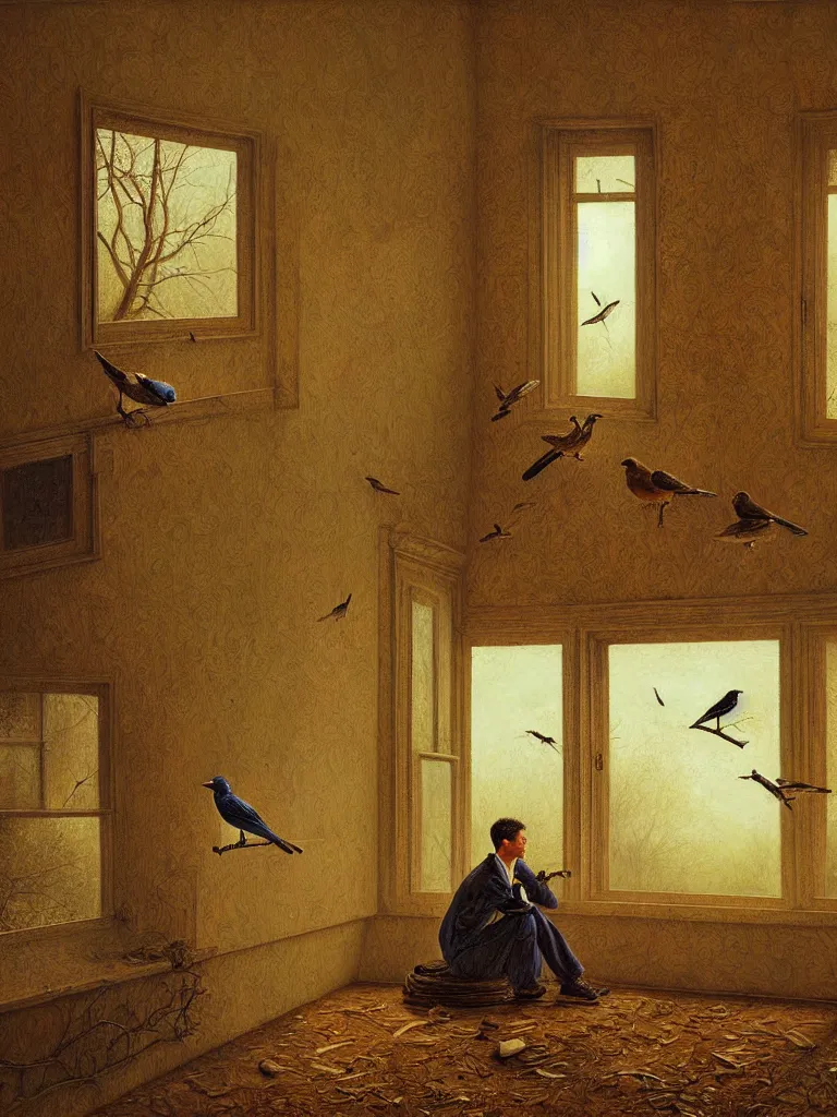 Prompt: single man knows to hear birds sing while in an empty room, intricate detailed oil painting, detailed illustration, oil painting, painterly feeling, centric composition