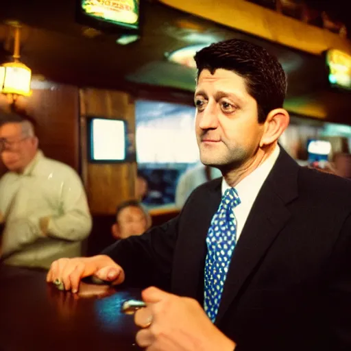 Prompt: Former House Speaker Paul Ryan alone at a dive bar. CineStill