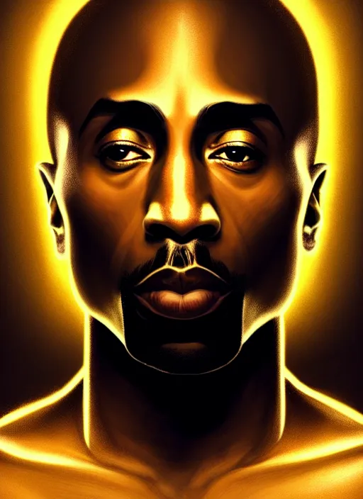 Image similar to symmetry!! portrait of tupac shakur, cottagecore!! fitness body, glowing lights!! intricate, elegant, highly detailed, digital painting, artstation, concept art, smooth, sharp focus, illustration, art by artgerm and greg rutkowski and alphonse mucha