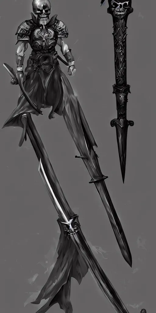 Prompt: long sword, black skull sword guard, concept art, digital painting