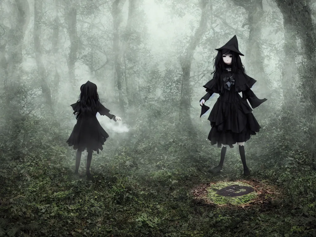 Image similar to cute gothic fumo plush witch girl ventures deep into the forbidden forest, ancient overgrown pagan monument summoning circle, volumetric fog and smoke, the bog of dark abyss, vray