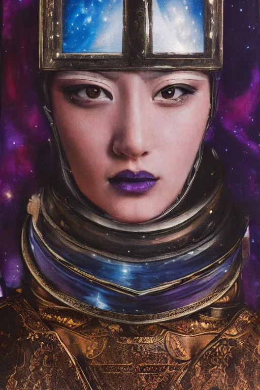 Prompt: hyperrealism oil painting, close - up portrait of medieval fashion model, knight, steel gradient mixed with nebula sky, in style of baroque mixed with 7 0 s japan book art