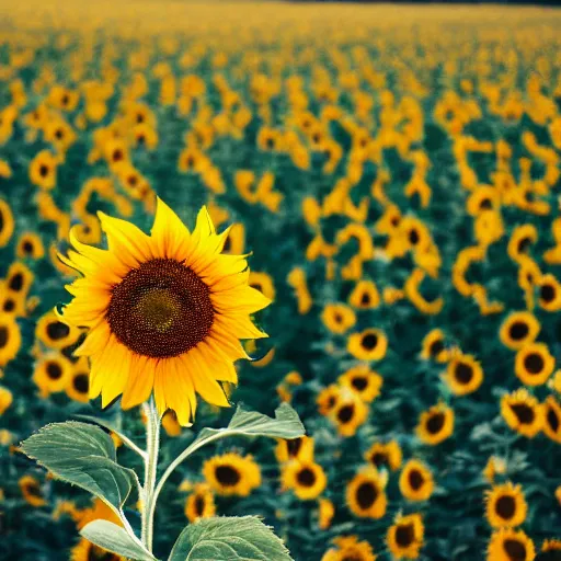 Prompt: A photograph of a sunflower with sunglasses on in the middle of the flower in a field on a bright sunny day