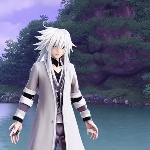 Image similar to a long white haired anime character holding out his hand in front of a body of water, a screenshot by michelangelo, deviantart contest winner, vanitas, official art, unreal engine 5, unreal engine. kingdom hearts opening. sharp focus. highly detailed. masterpiece. anime render. cinematic lighting. lifelike.