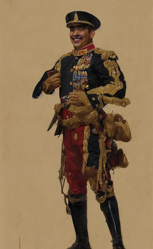 Prompt: Portrait of a smiling hispanic man wearing a ceremonial uniform, male, cheerful, detailed face, 19th century, highly detailed, cinematic lighting, digital art painting by greg rutkowski