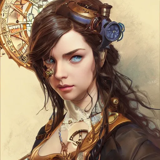 Prompt: Portrait of steampunk girl, D&D, blue eyes, face, fantasy, intricate, elegant, highly detailed, digital painting, artstation, concept art, smooth, sharp focus, illustration, art by artgerm and greg rutkowski and alphonse mucha