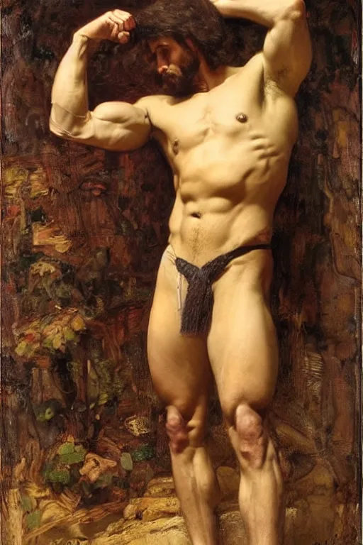 Image similar to muscular botanist man, orientalist intricate portrait by john william waterhouse and edwin longsden long and theodore ralli and nasreddine dinet, hyper realism, dramatic lighting