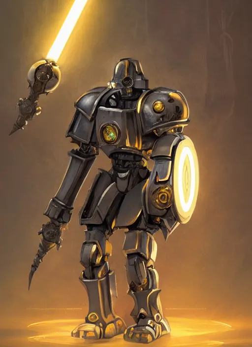 Image similar to full body, dynamic attack position abstract portrait of a intricate glorious holy mechanical warforged with circular glowing eye, character in yellow armor holding a paladin engraved great longsword drawn and carrying a big paladin shield, face in focus, pit droid, epic , trending on ArtStation, masterpiece, cinematic lighting, by Ross Tran and by Greg Rutkowski