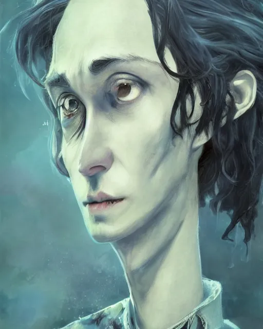Prompt: still film, johnny depp as the clumsy adorable male victor van dort from the corpse bride if made by krenz cushart and wenjun lin, portrait, illustration, rim light, top light, summer clear blue sky, perfectly shaded, soft painting, epic, intricate, art