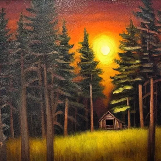 Image similar to peaceful forgotten cabin. masterpiece oil painting, dark, scary. endless tall trees in the background. the moon shines. hr gigor