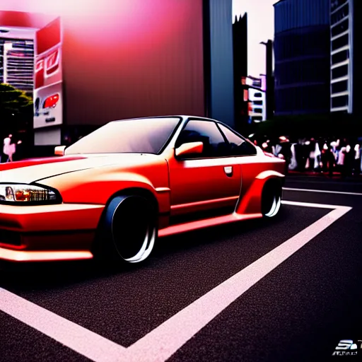 Image similar to a car Nissan Silvia at illegal car meet, Shibuya prefecture, city sunset, cinematic color, photorealistic, highly detailed