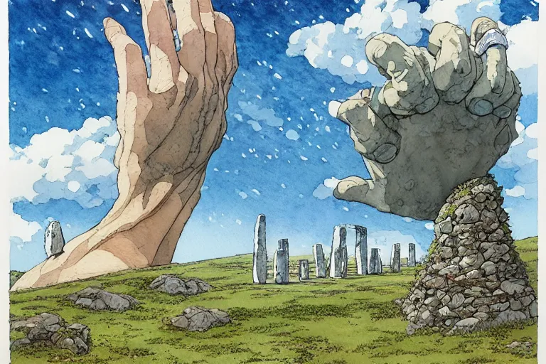 Image similar to a hyperrealist studio ghibli watercolor fantasy concept art. in the foreground is a giant hand coming down from the sky holding a stone. in the background is stonehenge. by rebecca guay, michael kaluta, charles vess