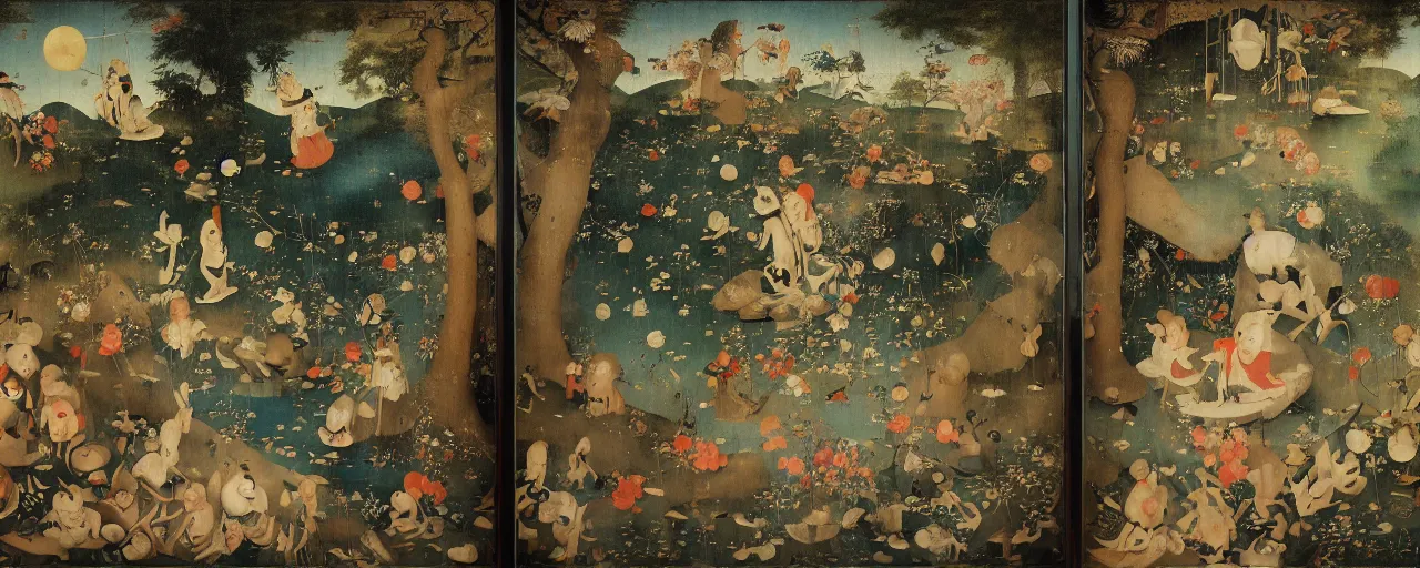 Image similar to Japanese Garden Triptych by Hieronymus Bosch and James Jean, Ross Tran, hypermaximalist, 8k, surreal oil painting, highly detailed, dream like, masterpiece