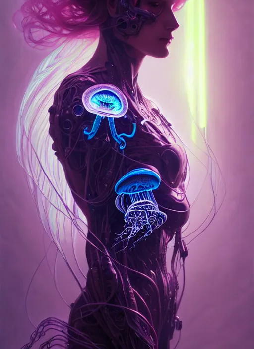 Image similar to organic cyborg, neon jellyfish, diffuse lighting, fantasy, intricate, elegant, highly detailed, lifelike, photorealistic, digital painting, artstation, illustration, concept art, smooth, sharp focus, art by John Collier and Albert Aublet and Krenz Cushart and Artem Demura and Alphonse Mucha