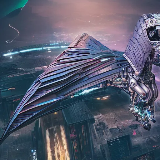 Image similar to an aerial scene of the beautiful intricate epic futuristic cybernetic sphinx in a cyberpunk pharaoh city, hyper detailed, cinematic lighting