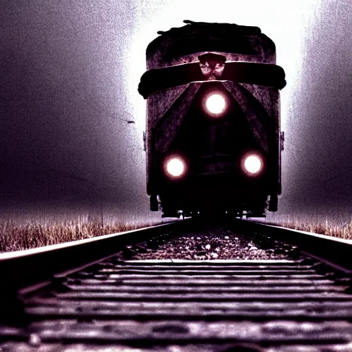 Image similar to the disembodied spirit of a dangerous railroad demon, Boxcar on the railroad, atmospheric and depressed, Cinematic, film still from a horror movie