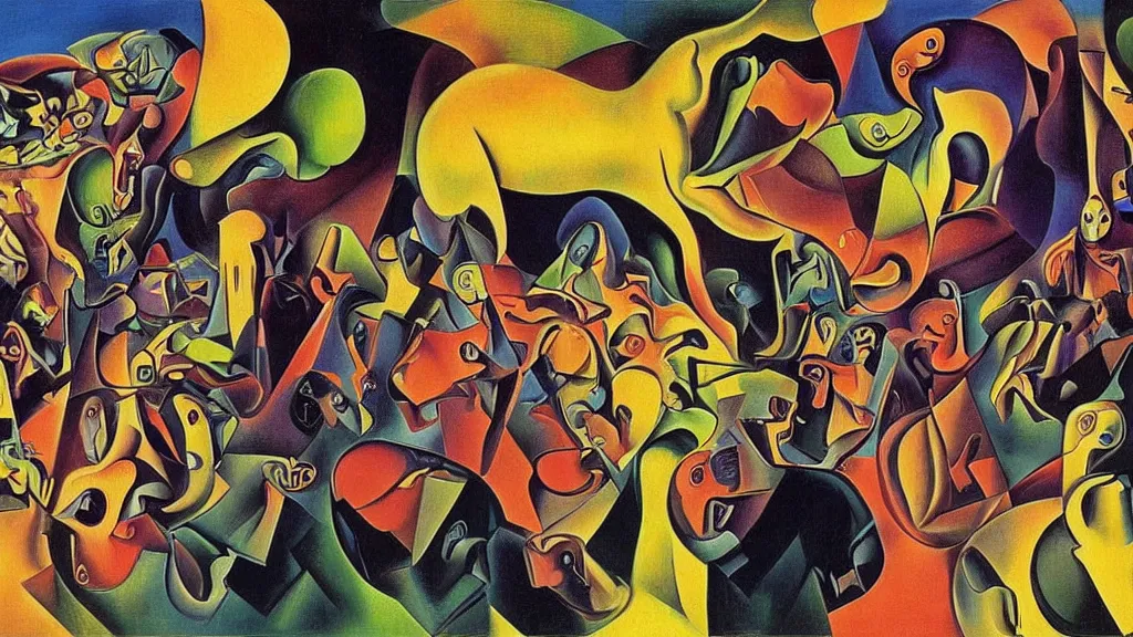 Prompt: unholy gathering, 4K, Futurism & Fauvism, colorized, by collaboration of Salvador Dali, Van Gogh and M. C. Escher