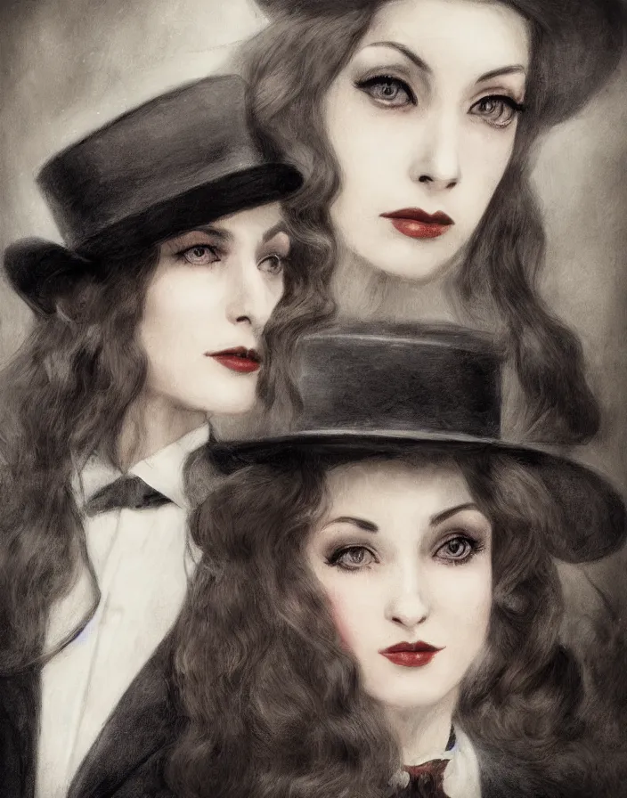 Image similar to Close up portrait of an elegant long haired lady wearing a gentleman suit and tophat in anime style, highly detailed, matte painting, noir, 70s, americana, photorealistic, ethereal ghostly atmosphere