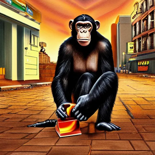 Image similar to a chimpanzee picking up pennies in a street with a large steamroller in the background, dramatic lighting, highly detailed digital painting