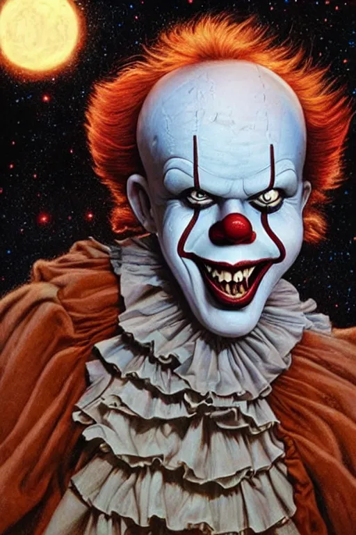 Prompt: pennywise the dancing clown arriving on earth from space. art by tomasz alen kopera and glenn fabry.