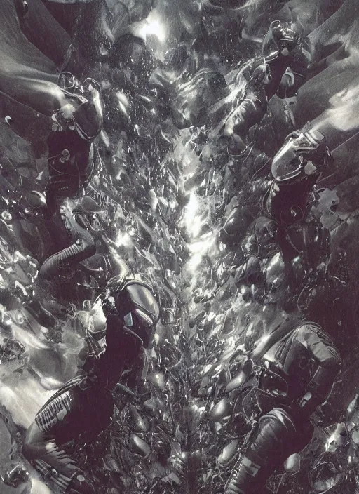 Image similar to astronauts divers in dark void underwater - complex and hyperdetailed technical suit design. reflection and dispersion materials. rays and dispersion of light. volumetric light. f / 3 2. noise film photo. flash photography. ultra realistic, 5 0 mm. poster by wayne barlowe, hajime sorayama aaron horkey, craig mullins