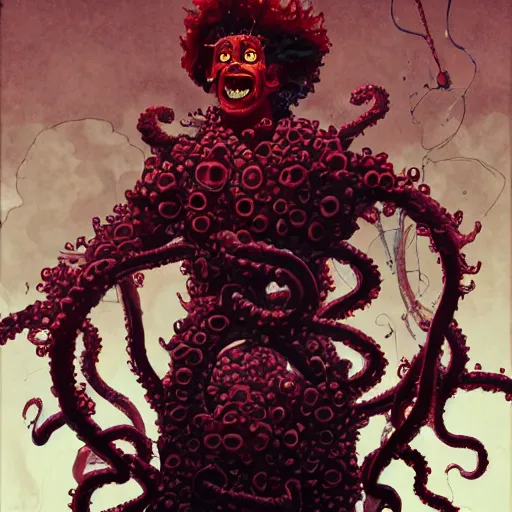 Prompt: highly detailed portrait of a possessed astronaut ((Ronald McDonald)) (((((Ronald McDonald)))) with eldritch lovecraftian tentacles by Dustin Nguyen, Akihiko Yoshida, Greg Tocchini, Greg Rutkowski, Cliff Chiang, 4k resolution, nier:automata inspired, bravely default inspired, vibrant but dreary red, black and white color scheme!!! ((Space nebula background))