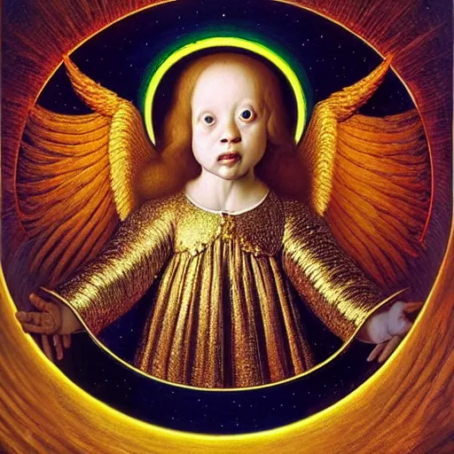 Image similar to highdetailed hyperrealistic painting of white angel!!! no gender!!!, giant ball of miracle light from the chest!!!!!, white sparkles everywhere, lot of fire and stars overhead!!!, by jan van eyck, holography space, glow effect, large strokes, soft and clean, bright white color