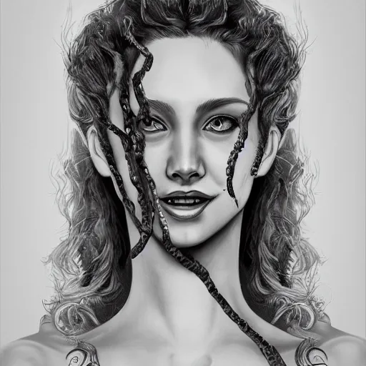 Image similar to medusa portrait painting, black and white,, wicked smile, artstation, detailed, blurred background