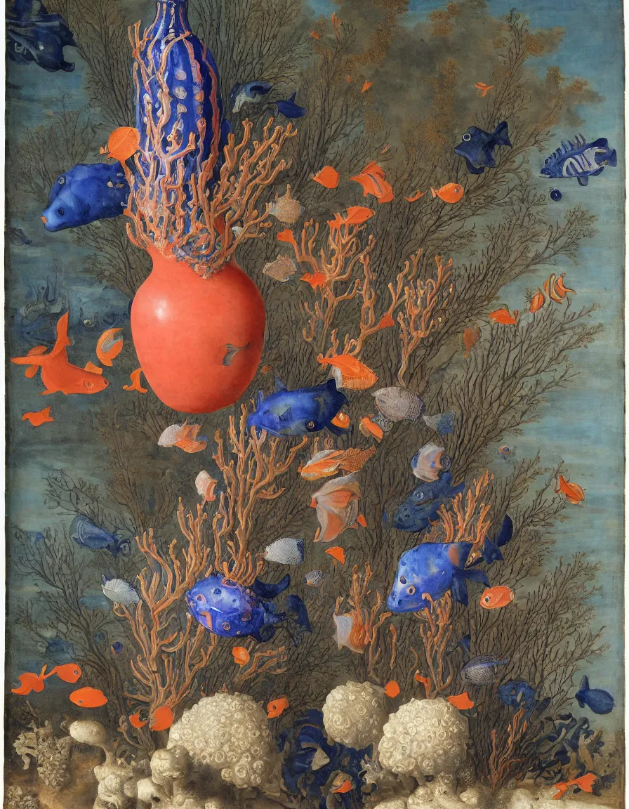 Prompt: bottle vase of coral under the sea decorated with a dense field of stylized scrolls that have opaque outlines enclosing mottled blue washes, with purple shells and blue fishes, ambrosius bosschaert the elder, oil on canvas, around the edges there are no objects