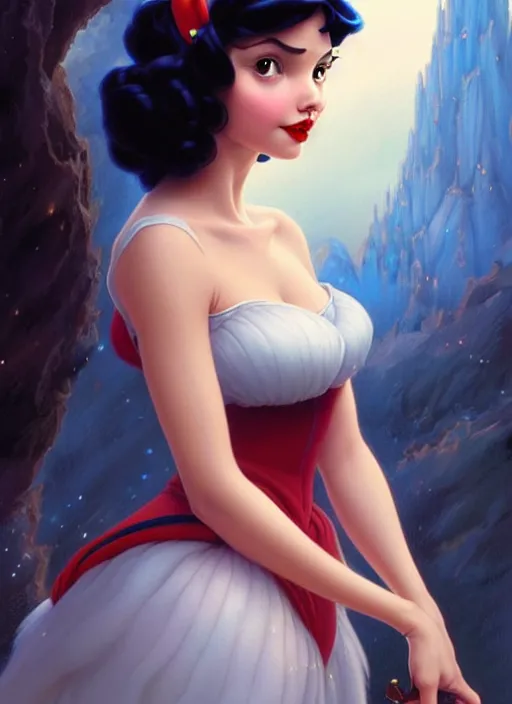 Image similar to disney snow white ( ( ana de armas ) ), dreamscape, sultry, cute, adorable, girl, masterpiece, intricate, elegant, highly detailed, my rendition, digital painting, artstation, concept art, smooth, sharp focus, illustration, art by greg rutkowski and uang guangjian and gil elvgren and sachin teng, symmetry!!