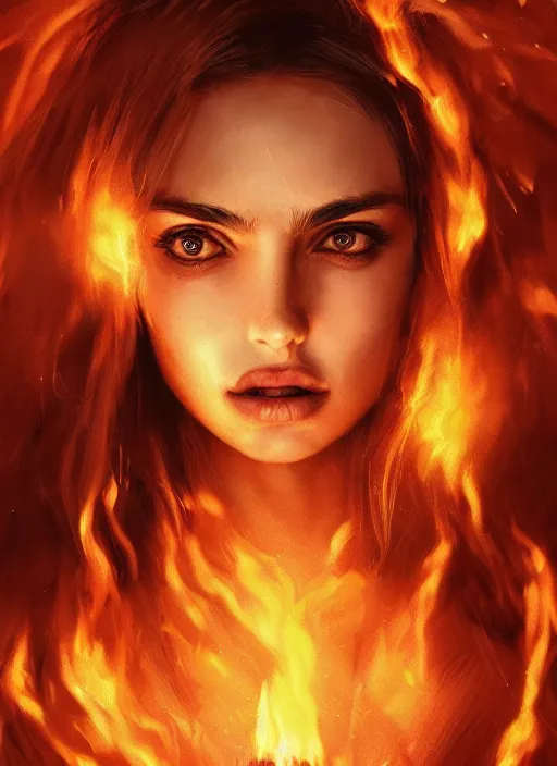 Image similar to blond girl hell spawn surrounded by fire tornadoes, flawless symmetrical pretty cute face, ana de armas, greg rutkowski, 8 k, shallow depth of field, intricate detail, concept art,