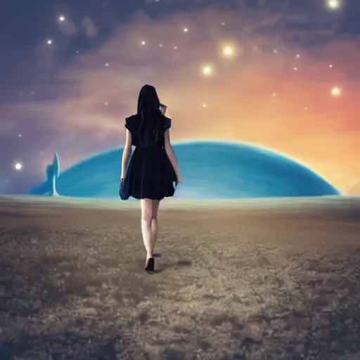 Image similar to girl walking on an alien planet