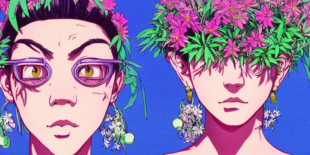 Prompt: risograph grainy painting of running man anime - like hero girl protagonist face, dull colors, with huge earrings, face covered with plants and flowers, by moebius and dirk dzimirsky and satisho kon, latex, close - up wide portrait, hyperrealistic