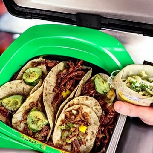 Image similar to the most disgusting tacos in the world served in a trashcan lid with worms, dirt, filth.