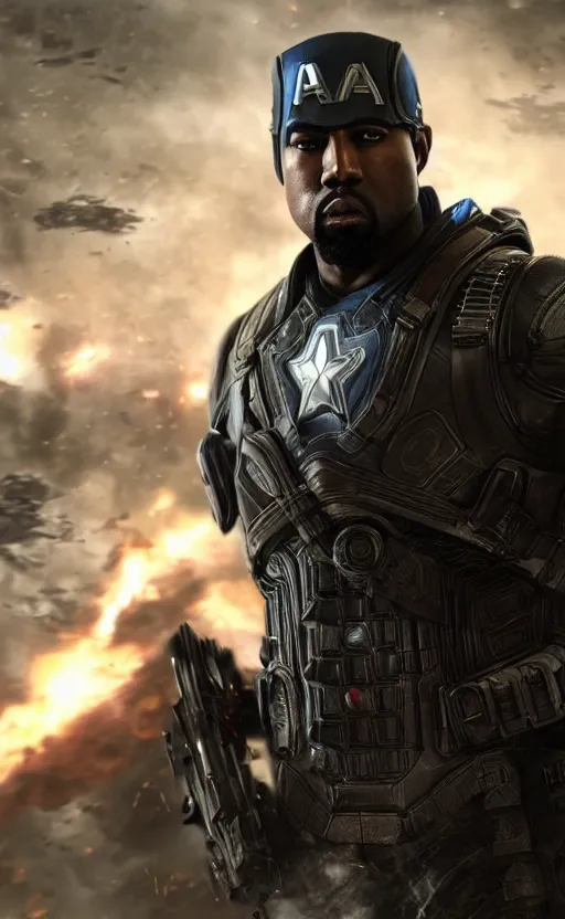 Image similar to Portrait of Kanye West as captain america in Gears of War, splash art, movie still, cinematic lighting, dramatic, octane render, long lens, shallow depth of field, bokeh, anamorphic lens flare, 8k, hyper detailed, 35mm film grain