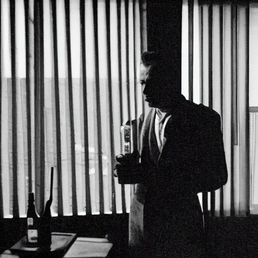 Prompt: wide angle of detective standing in apartment holding a bottle of alcohol, venetian blinds in the background, table and chairs against the wall, black and white, 4k, movie frame from 1940s noir film