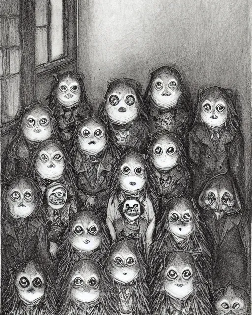 Image similar to group of creep children staring out, black and white character portrait, ultra realistic, concept art, intricate details, war, cinematic, highly detailed by louis wain