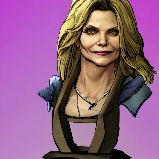 Prompt: michelle pfeiffer portrait, borderlands, tales from the borderlands, the wolf among us, comic, cinematic lighting, studio quality, 8 k