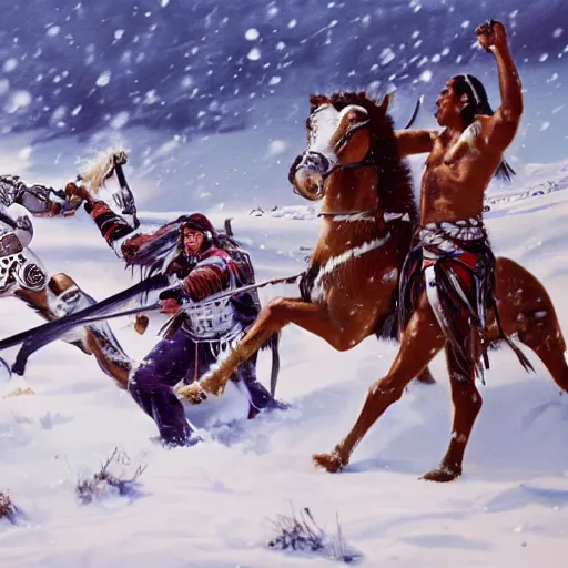 Image similar to majestic native americans fighting cyborg white men in a snowy field, landscape, hyper realistic,