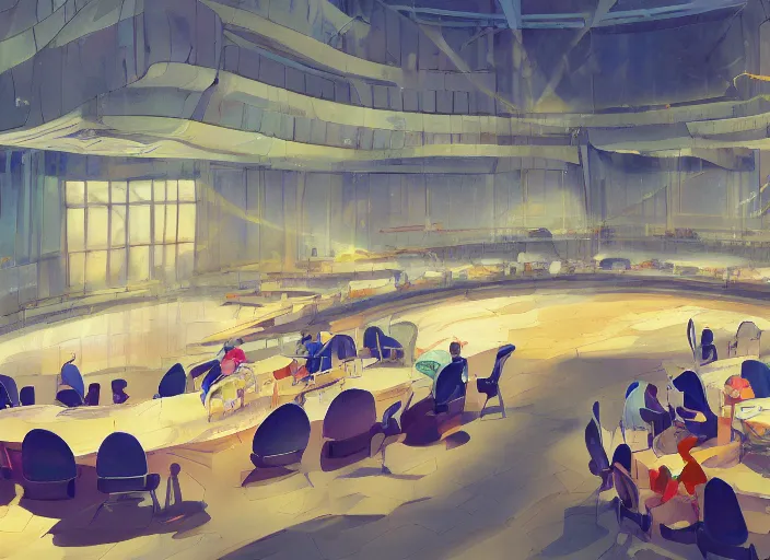 Image similar to cartoon background clean neat clarity professional visual development set design, large hall, people sitting on ten round tables, dim painterly lighting volumetric aquatics, impasto, trending on pixiv