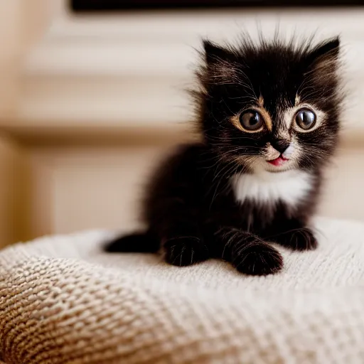 Image similar to A cute little kitten sits on the top of a plush heart-shaped pillow near fireplace, Canon EOS R3, f/1.4, ISO 200, 1/160s, 8K, RAW, unedited, symmetrical balance, in-frame