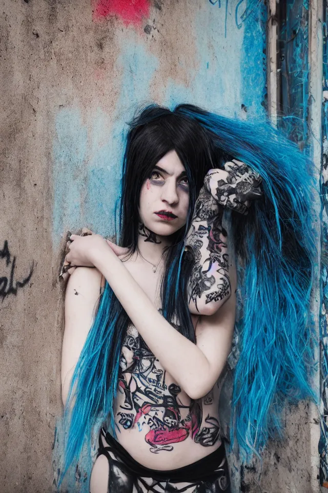 Image similar to a portrait of a grunge emo girl who has blue hair, a nose ring, black nails, fish net leggings, and is outside of a abandoned building with graffiti on it. Shallow depth of field. 4k hyperdetailed. Rendered with octane.