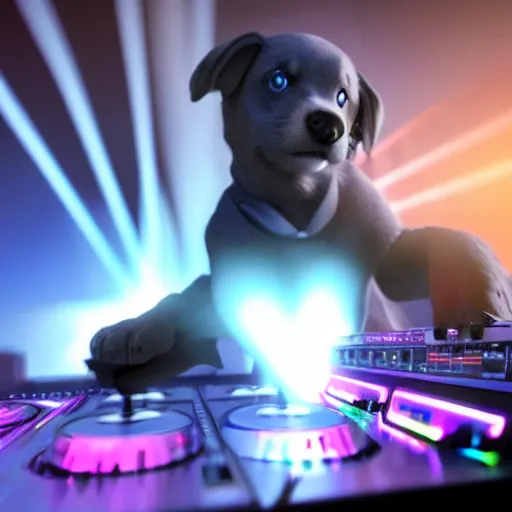 Image similar to puppy as a DJ, 8k, volumetric lighting, hyper realistic