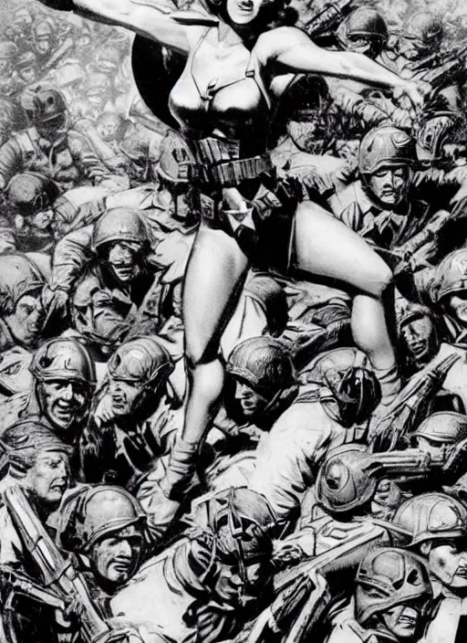 Image similar to beautiful female captain america standing on a pile of defeated german soldiers. feminist captain america wins wwii. american wwii propaganda poster by james gurney